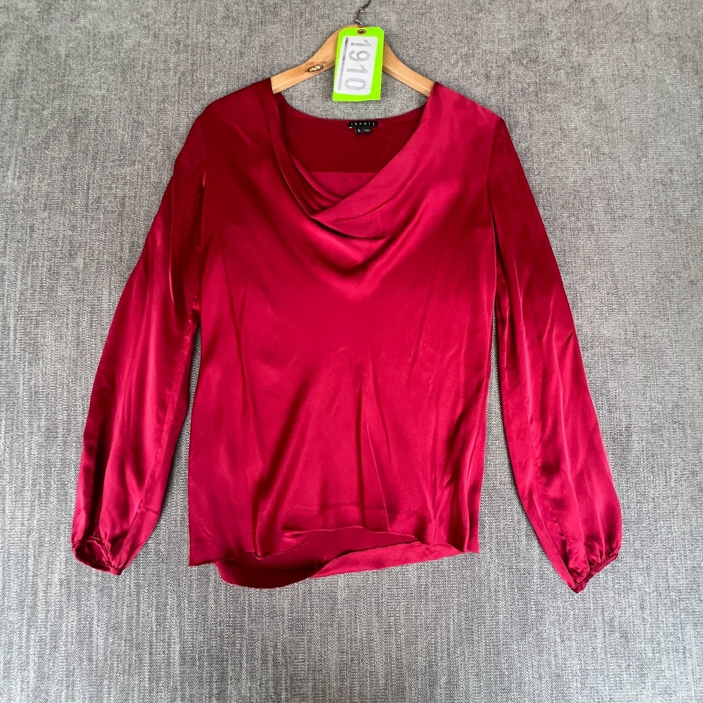 Theory Blouse Top Womens Petite Red Silk Cowl Neck Boho Evening Chic Minimalist